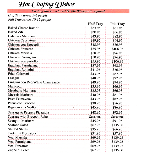 Michelangelo of Center Moriches Catering Menu